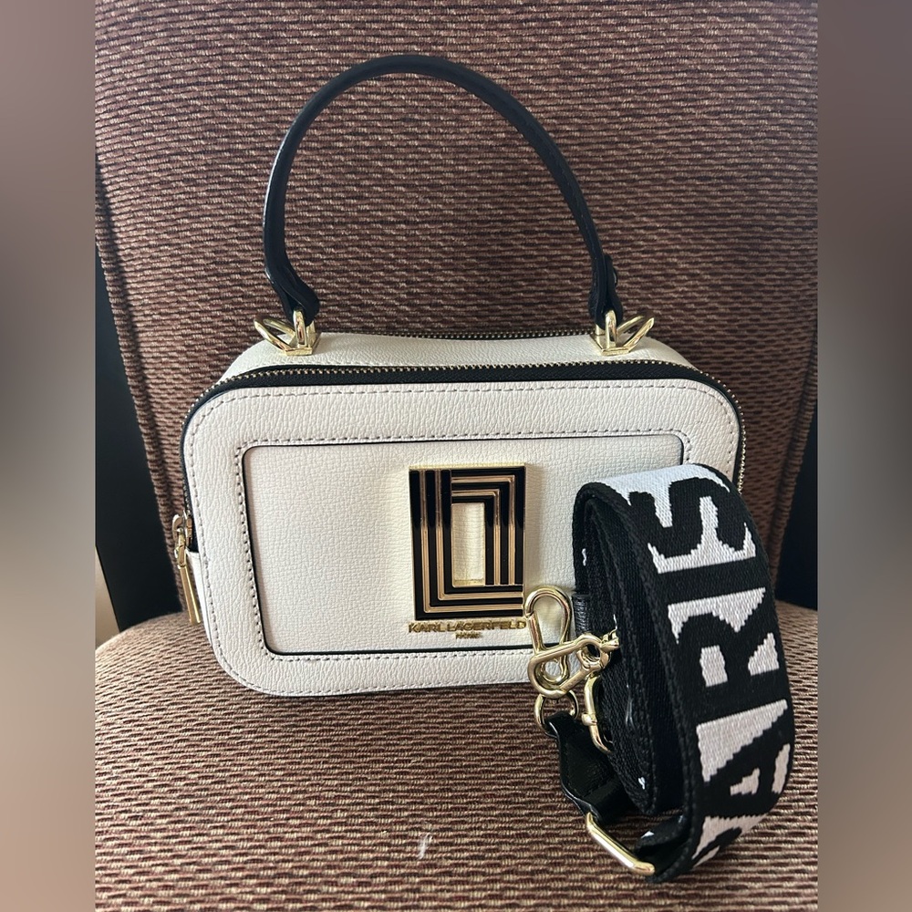 Karl Lagerfeld Paris, The Simone camera crossbody in white.